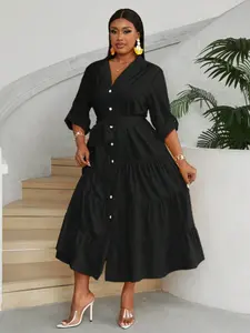 Elegant Vintage Casual A-Line Tiered Dress with Buttons, Long Sleeve, Solid Color, Perfect for Dating and Vacation, Women's Plus Size, Womenswear