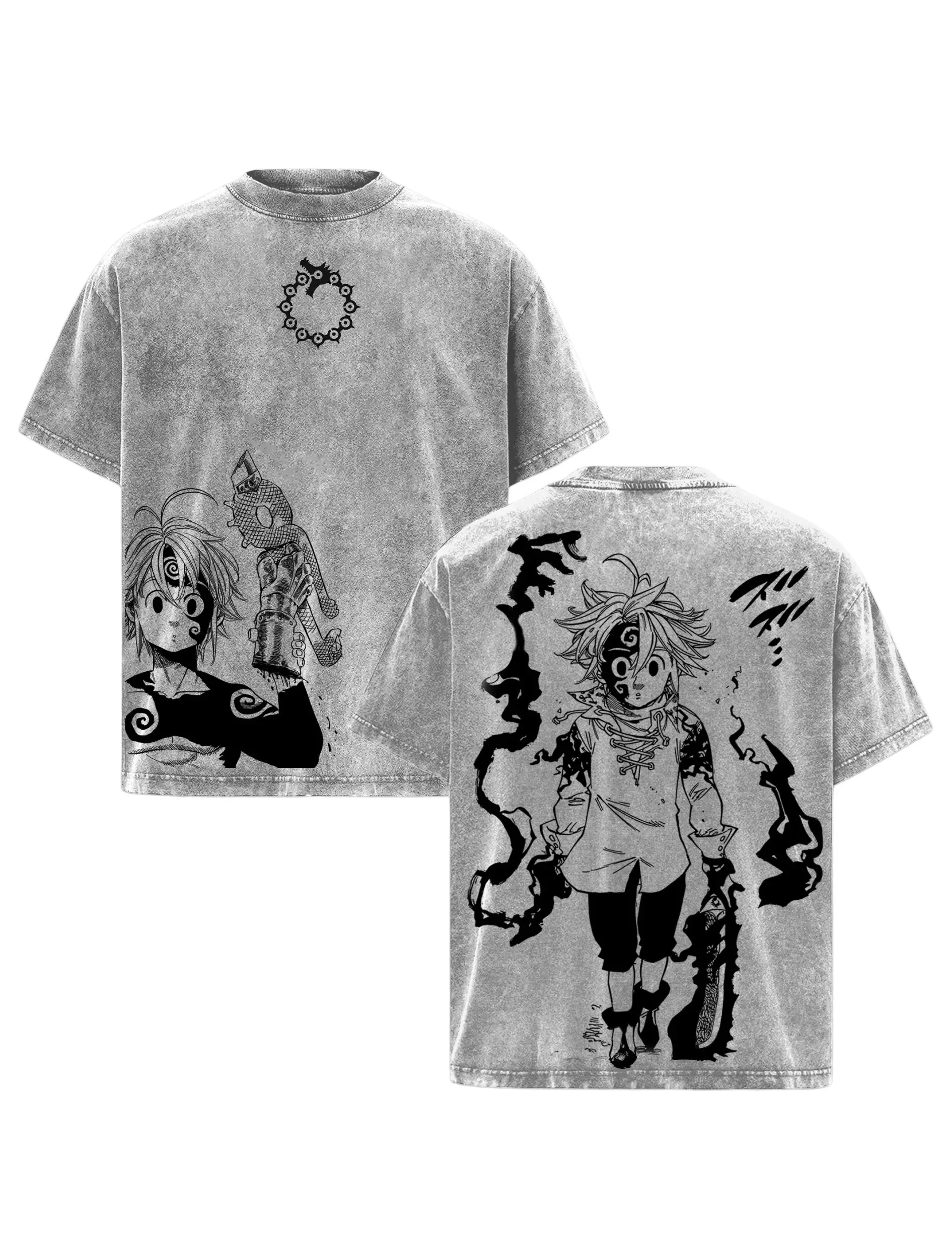 Menswear Round Neck Shortsleeve Casual T-Shirt - 7 Deadly Sins Meliodas Demon Form Vintage Washed Oversized Anime Tee, Heavy Cotton Double Printed Graphic, Dark Aura Retro Streetwear Top, Unisex Gift for Anime & Manga Fans