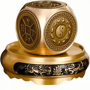 Chinese Traditional Brass Feng Shui Energy Ornament with Pixiu Base,Six-Sided Auspicious Pattern for Wealth & Good Luck,Rotatable Stress Relief Spinner,Home Office Feng Shui Tabletop Decor