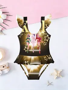 Girls Gold Star Sleeveless Ruffle Jumpsuit, Christmas Holiday Anime Girl Trio Print, Trendy Cute Style, Casual Wear