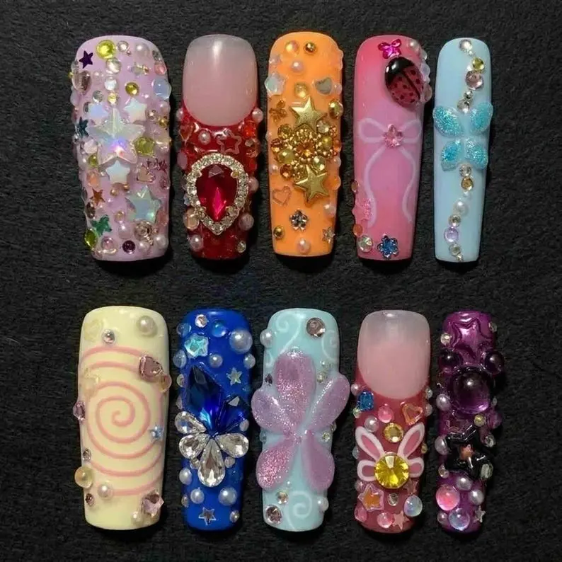 Colorful 3D Bling Press On Nails Rhinestone Star Butterfly And Gem Charm Design Glam Party Nails