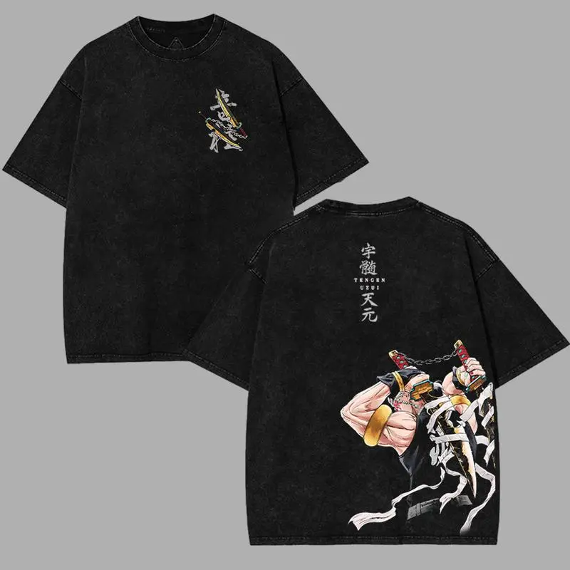 Men's Acid Wash Demon Slayer Graphic T-Shirt - Menswear Anime Double Printed Distressed Tengen Uzui Streetwear Top, Short-Sleeve Cotton Fitted Round Neck Casual Fan Merchandise, All Seasons
