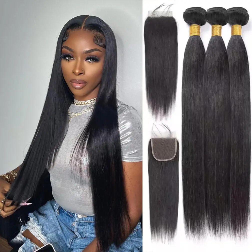 1B Straight Bundles and Closure Brazilian Human Hair 3 Bundles with 4x4 lace Closure Pre Plucked Natural Black Bundles with Closure