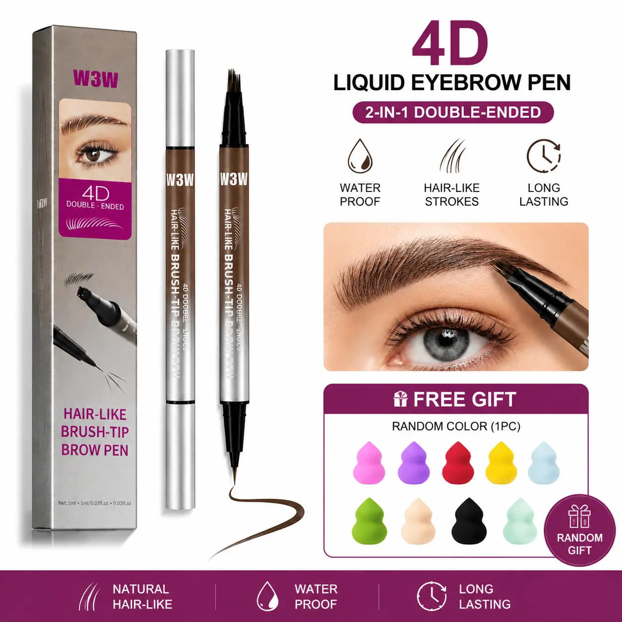2-in-1 Multi-Purpose Double-Head Eyebrow Pencil with Eyeliner Function, 4D Micro Pen for Simulated Eyebrows, All-Day Long-Lasting, Waterproof, Stain-Resistant