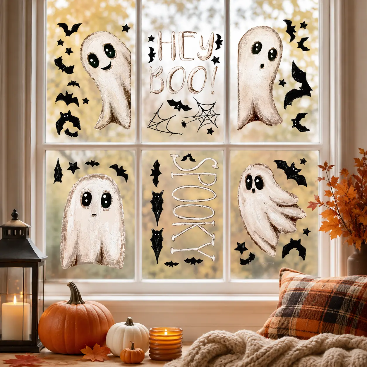Halloween Window Clings Cute Ghost Pumpkin Static Stickers Electrostatic Stickers , Double-Sided  Removable Decals for Kids Room, Home & Party Decor