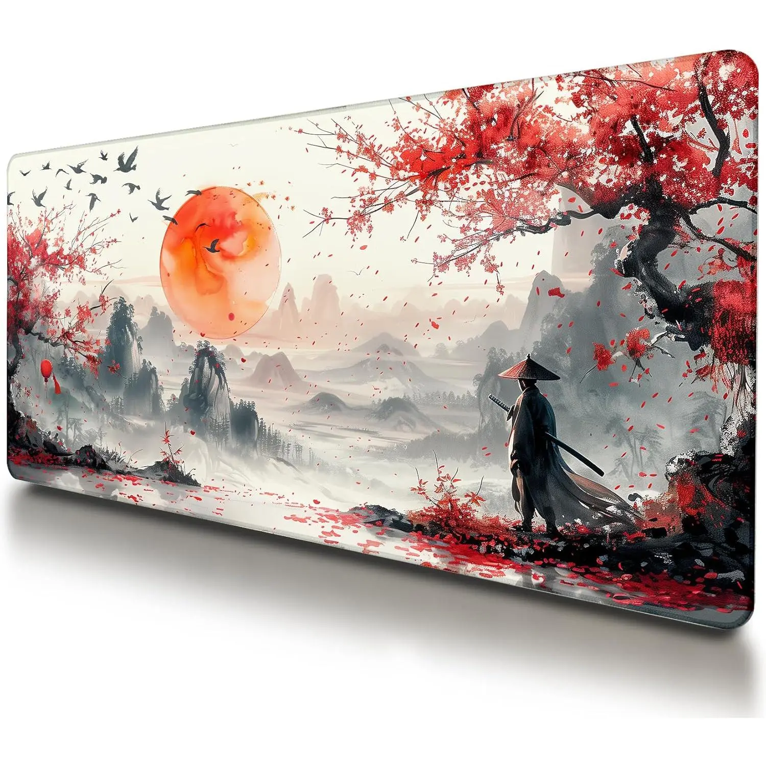 Large Japanese Gaming Mouse Pad, White and Red, Premium Non-Slip Anime Desk Pad for Office, Extended XL XXL Mouse Mat and Laptop Pad, Waterproof and Stiched Edges 24 x 14in