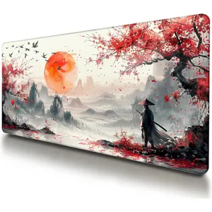 Large Japanese Gaming Mouse Pad, White and Red, Premium Non-Slip Anime Desk Pad for Office, Extended XL XXL Mouse Mat and Laptop Pad, Waterproof and Stiched Edges 24 x 14in