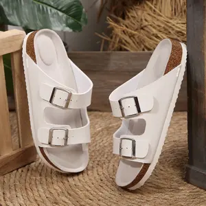 Women's Retro Cork Footbed Slides Open Toe Adjustable Buckled Slip on Slippers Softy Flat Sandals