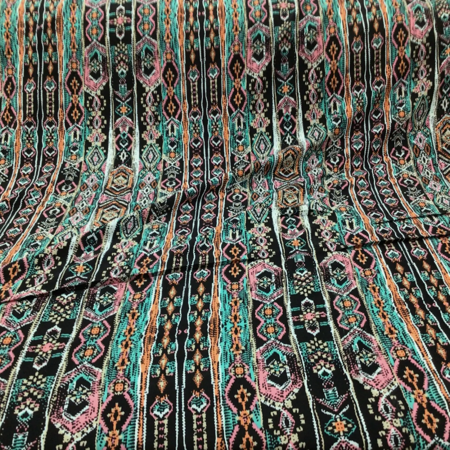 Fabric Challis Rayon Apparel Pink Teal Orange Tan White Black Aztec F420