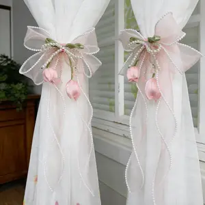 2 Pack French Silky Bow Curtain Tiebacks, Elegant Lace Ribbon for Curtains Decorative Rope Accessories Home Décor (Pink Tulip)