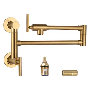 WOWOW Single Hole Two Attachment Stove Faucet, Pot Filler Wall Mount Folding Faucet Over Stove, Gold Pot Filler Faucet with Double Joint Swing Arms