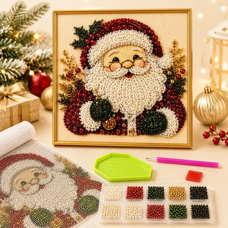 IMOLI Christmas Santa Claus Pearl Art DIY Kit, Framed Diamond Painting Kit, Cute 3D Diamond Painting Crafts, DIY Home Decor Wall Art, Perfect DIY Holiday Party Gift for Beginners.