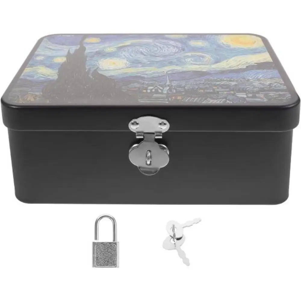 M L Vintage Tinplate Storage Box with Lock Small Decorative Lockable Tin Box for Jewelry Cash Keepsake and Home Organization 17.5 x 13 x 7.5 / 24.5 x 18 x 8.5cm