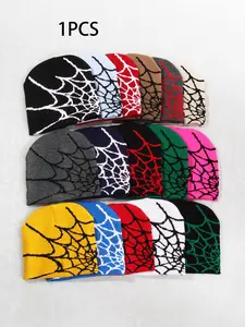 Men's Letter Spider Web Jacquard Knit Hat, Comfortable Halloween Hat Set, Fashion Warm Headwear for Fall & Winter Seasons