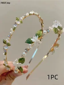 Mother's Day Gift, Faux Pearl Flower & Leaf Hair Hoop. Elegant Fashion Headband Tiara for Women & Girls, Stylish Hair Accessories for Daily Wear, Party Looks and Wedding Decoration