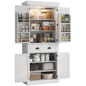 HOMCOM 71" Kitchen Pantry Cabinet with LED Motion Sensor Light, Tall Storage Cabinet with 6 Door Shelves, Drawer & Adjustable Shelves, for Living & Dining Room, Gray