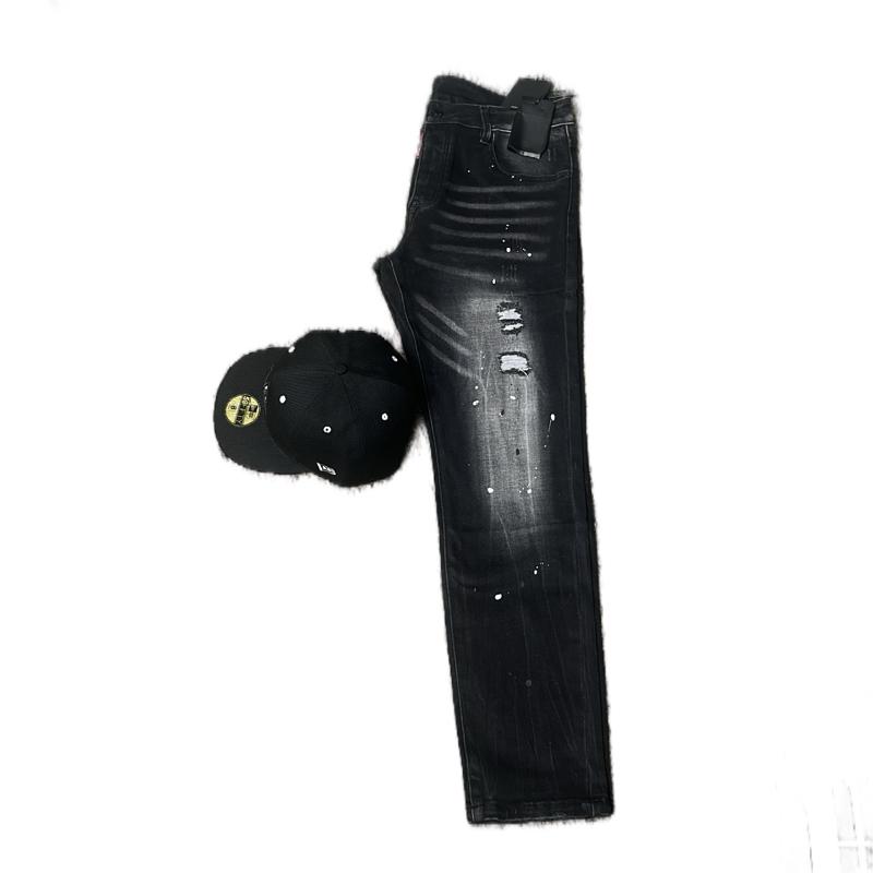 Men's Black Distressed Jeans with Ripped Details and Comfortable Fit for Everyday Wear