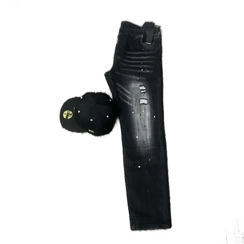 Men's Black Distressed Jeans with Ripped Details and Comfortable Fit for Everyday Wear