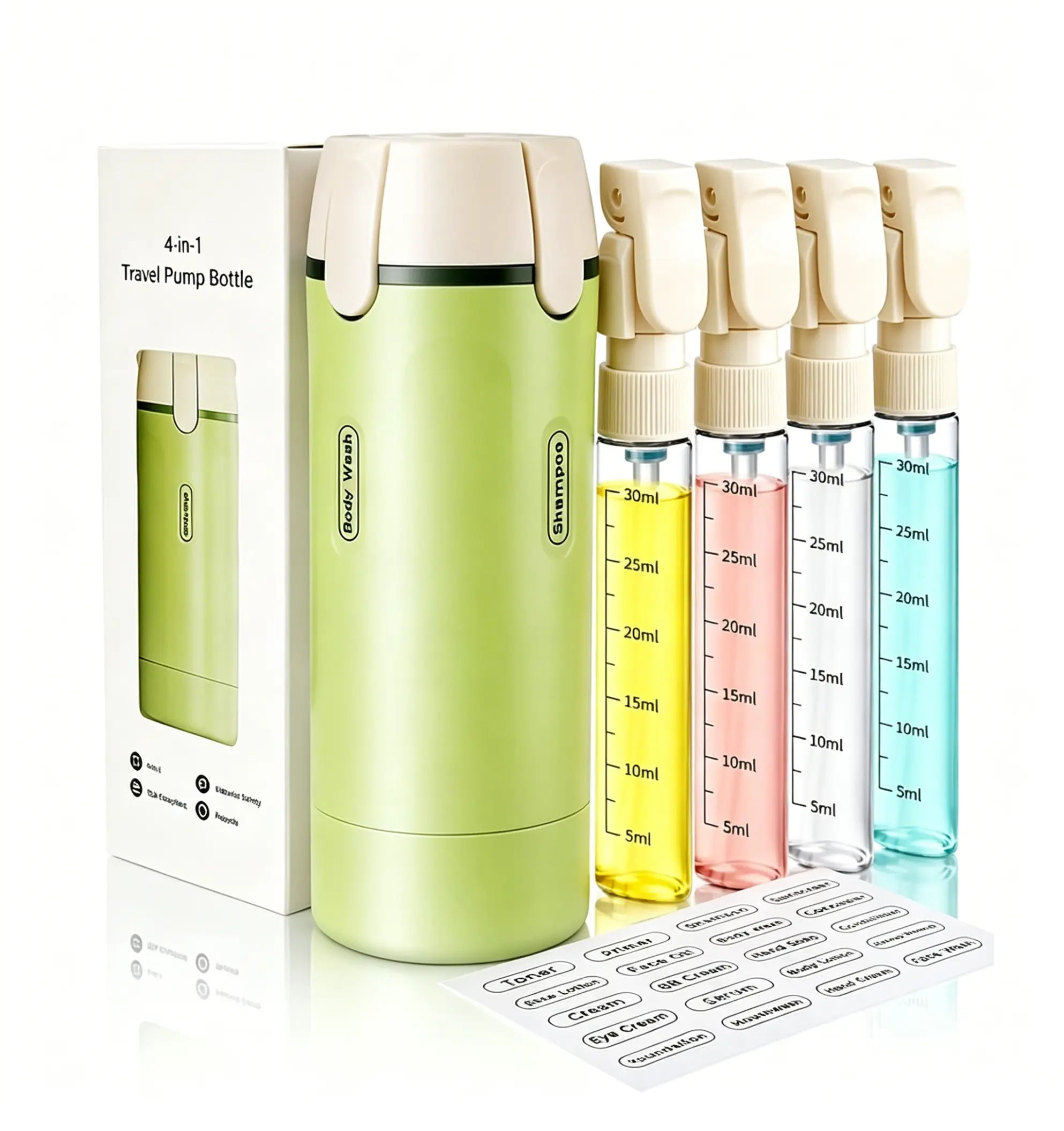 2026 New 4-in-1 TSA-Approved Eco-Friendly Rubber Travel Dispenser Round Cup, 30ml Leakproof Rotatable Pump Refillable Silicone Storage Bottles & Jars with Marking Labels, Lightweight Compact Bathroom Toiletry Organizer (Father’s Day Portable Gift)