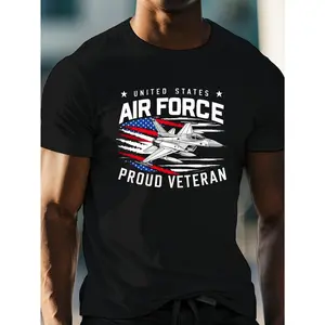 Men'S Cotton Casual T-Shirt with American Air Force Graphic Print, Short Sleeve Crew Neck Top for Casual Attire, Proud Veteran Design, Machine Washable, Black, Veteran Apparel | Casual Style | 100% Cotton, Military T Shirts