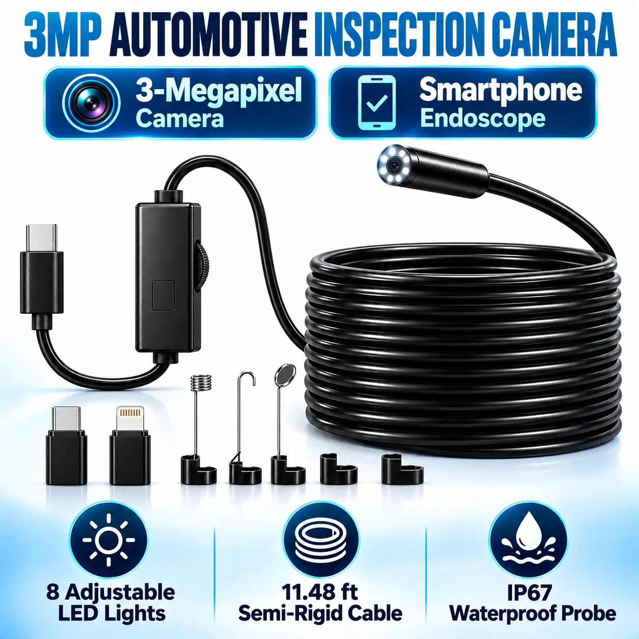 3MP Automotive Inspection Camera for iPhone & Android, Smartphone Endoscope with 8 Adjustable LED Lights, 11.48 ft Semi-Rigid Cable & IP67 Waterproof Probe for Car Repair, Engine Bay & Home Inspection