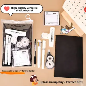1 set of 7-piece stationery set, Desk supplies set, featuring a simple design. Includes correction tape, sticky notes, book clips, ballpoint pens, markers, multicolored pens, A5 spiral notebook. Suitable for classroom rewards and holiday gifts