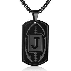 Initial A-Z Dog Tag Necklace for Men - Football Charm Pendant, Stainless Steel Chain 22+2 Inches, Personalized Sports Athletes Jewelry Gift
