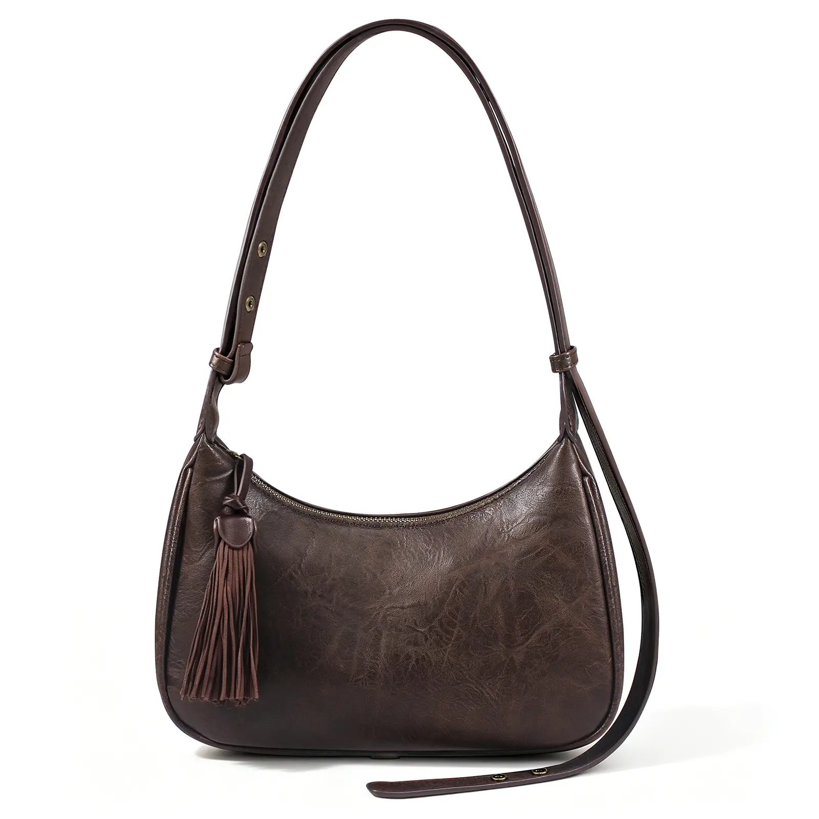 Women's Retro Tassel Crescent Soft Leather Mini Hobo Bag - Adjustable Strap Underarm/Shoulder/Crossbody Purse for Daily Wear
