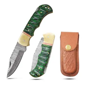 Old Ram Damascus Lock Back Pocket Knife 6.5" Overall, Pakka Wood & Gold Bolster Includes Leather Case DM-OR-558