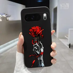 Rounded Edge Phone Case for Google Pixel 10 9 8 7 Pro A XL Rose in Skeleton Hand Pattern Anti-Scratch Shockproof TPU Bumper Drop-proof Cover Cellphone Protective