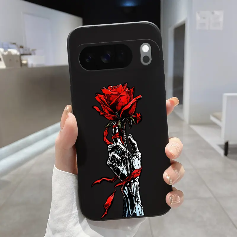 Rounded Edge Phone Case for Google Pixel 10 9 8 7 Pro A XL Rose in Skeleton Hand Pattern Anti-Scratch Shockproof TPU Bumper Drop-proof Cover Cellphone Protective