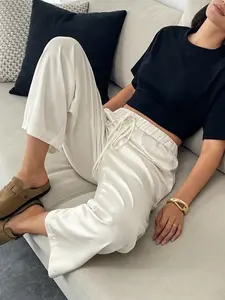 Summer French Style Satin Wide Leg Pants, Elastic Waist Drawstring, Smooth Fabric, Fitted Drop Crotch, Casual Long Pants