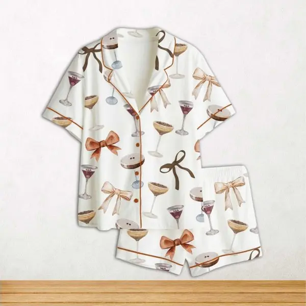 Espresso Martini Coquette Bow Satin Pajama Set for Women, Cute Cocktail Short Sleeve Sleepwear and Loungewear