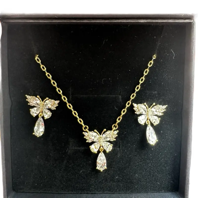 Gold Plated High Quality Butterfly Set Necklace and Earrings with Sparkling Details