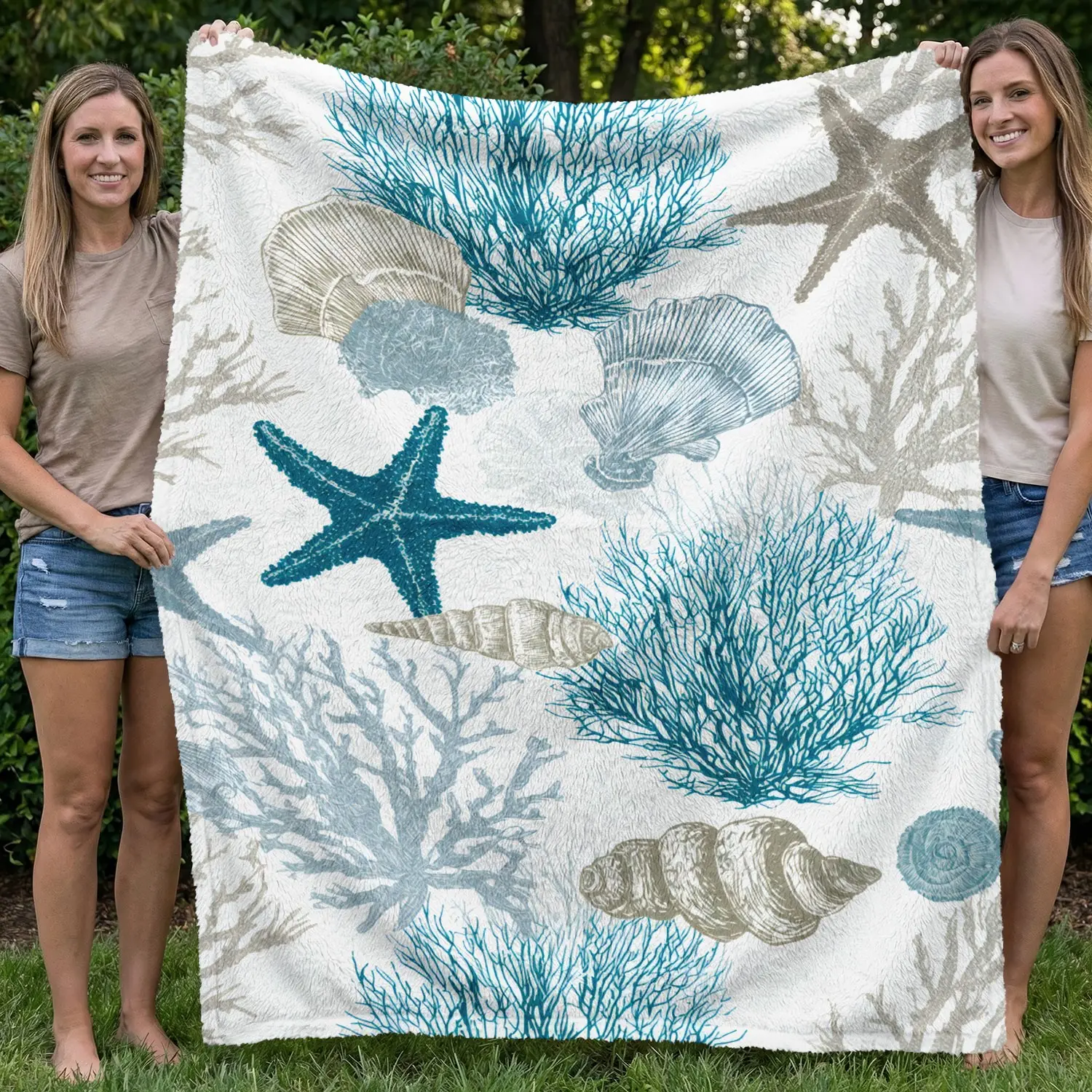 1pc Vintage Nautical Starfish and Shell Ocean Style Blanket, Comfortable Lightweight Blue and Flannel, Allergy-Free Polyester, Perfect Gift for Ocean Lovers