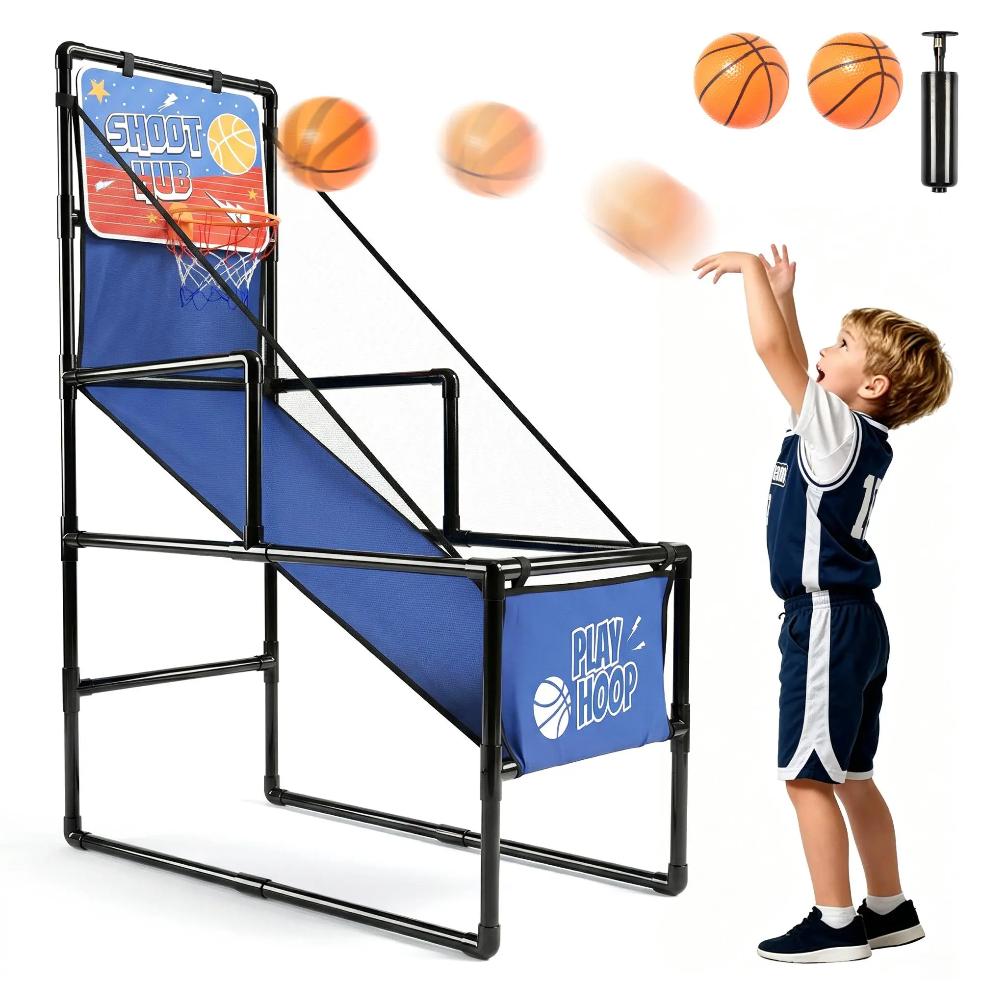 Kids silent Basketball Hoop Set - 55-Inch Foldable Stable Frame with Auto Ball Return, 2 Basketballs & Air Pump, Indoor Outdoor Toy for Toddlers Ages 3-8 (Backyard, Playroom Use)