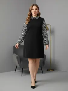 Women's Plus Size Long Sleeve Knit Dress, Houndstooth Patchwork Design, Elegant Classic Style, Perfect for High-End Clubs