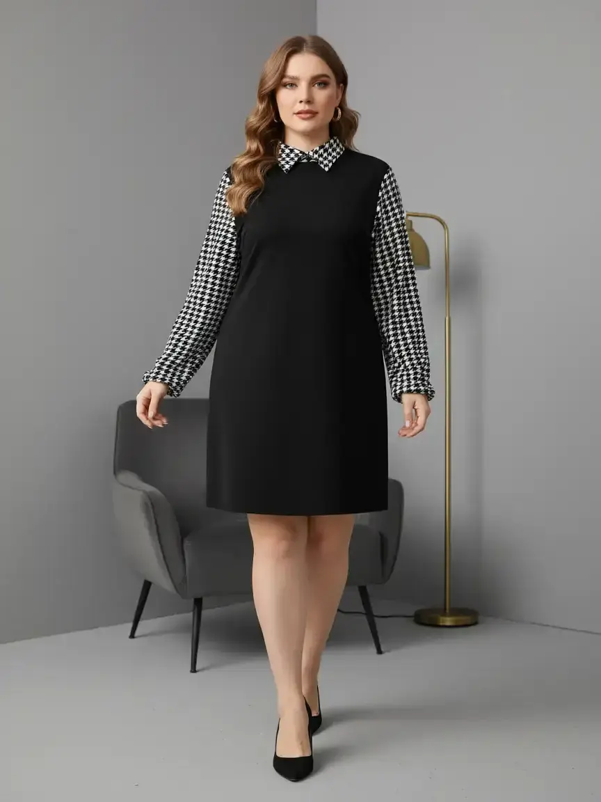 Women's Plus Size Long Sleeve Knit Dress, Spring Houndstooth Patchwork Design, Elegant Classic Style Casual Wear, Perfect for High-End Clubs Aesthetic, Womenswear - TikTok Shop Women's Plus Size Long Sleeve Knit Dress, Spring Houndstooth Patchwork Design, Elegant Classic Style Casual Wear, Perfect for High-End Clubs Aesthetic, Womenswear - TikTok Shop