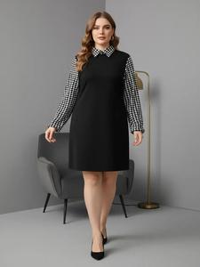 【plus size】 2 in 1 houndstooth patchwork print bishop sleeve dress, casual keyhole back long sleeve collared dress for spring & fall, women's clothes for daily wear