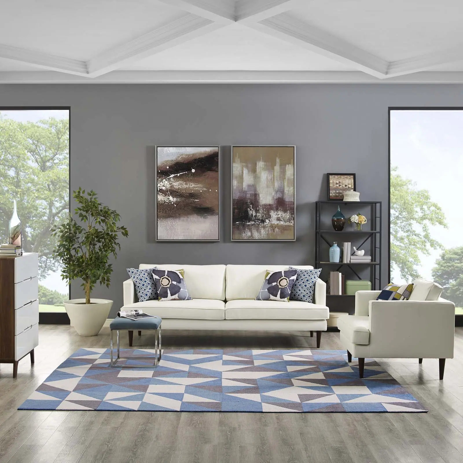 Modway Kahula Geometric Triangle Mosaic 8x10 Area Rug in Blue, White and Gray