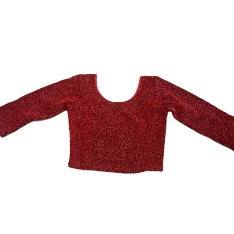 Women's Shimmering Saree Blouse, Round Neck Long Sleeve Pull On Top - Stretchable Red Traditional Formal Wear with a Sparkling Finish, Wardrobe Staples, Lady
