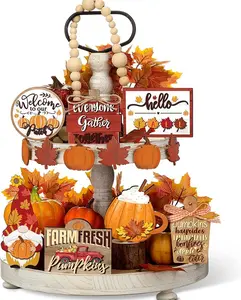 Trending 15Pcs Thanksgiving Fall Tiered Tray Decor | Farmhouse Pumpkins & Harvest Maple Leaf Centerpieces | Wood Blocks Signs for Home (Bright Style)