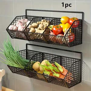 Iron Kitchen Storage Rack, Open Grid Design, Easy Installation, Space-Saving Vertical Wall Shelf, for Vegetables, Garlic, Onions, Herbs, Spices