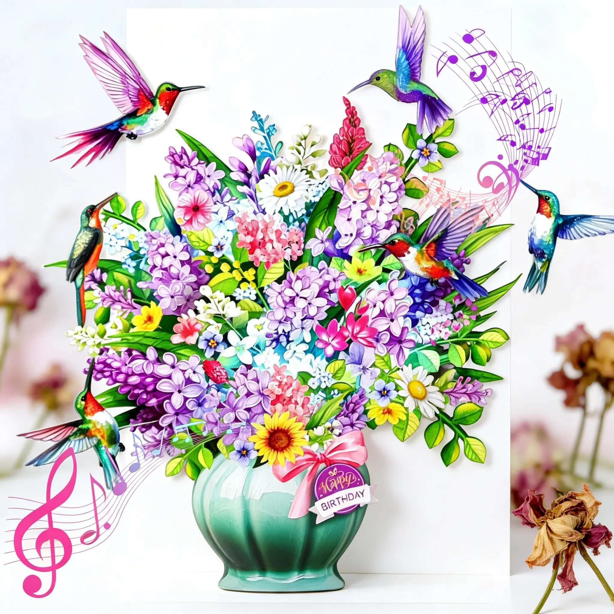 3D Musical Hummingbird Birthday Greeting Card - Light Show, Interactive Pop-Up Flower Bouquet, Envelope-Included 3D Paper Pre-Printed Sentimental Message Greeting Card & Invitation Envelopes, Ideal for Long-Distance Gifting (Office Stationery Supply), 3D