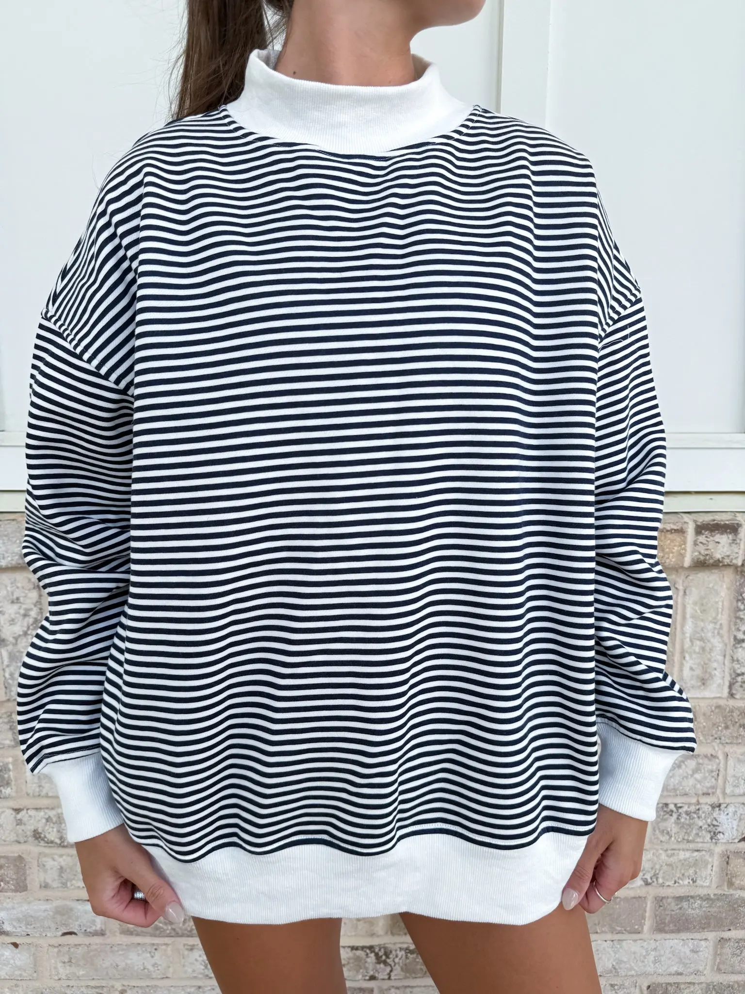 Dark Navy Blue and White Big Striped Mockneck Sweatshirt