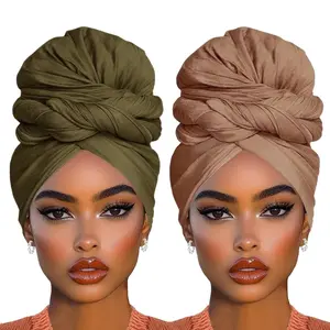 2 Piece Stretch Head Wraps Jersey Turban Long Solid Color African Women's Head Scarf Long Scarf Fashion Head Scarfs Lightweight Breathable Headbands for Women(Camel+Army Green)