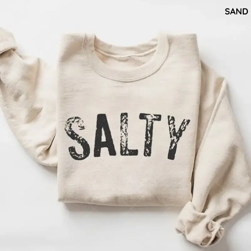 (Sale Off Up To 50%) Salty Sweatshirt, Retro Summer Beach Crewneck Shirt, Women Favorite Top, Apparel, Today Shirts, Trendy Women's Outfits, Full Color, For Men, For Women, Casual, Classic Fashion, Tee Print