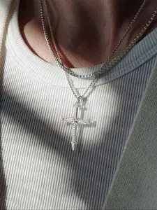 Men's Stainless Steel Pendant Necklace Set, Artificial Zirconia Inlay Cross Design, Casual Style Jewelry for All Seasons