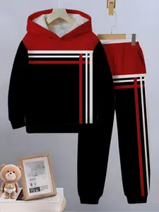 Boys' Geometric Contrast Patchwork Long Sleeve Hoodie Set with Sports Pants, Spring & Fall Outdoor Sportswear, Casual Wear Essential