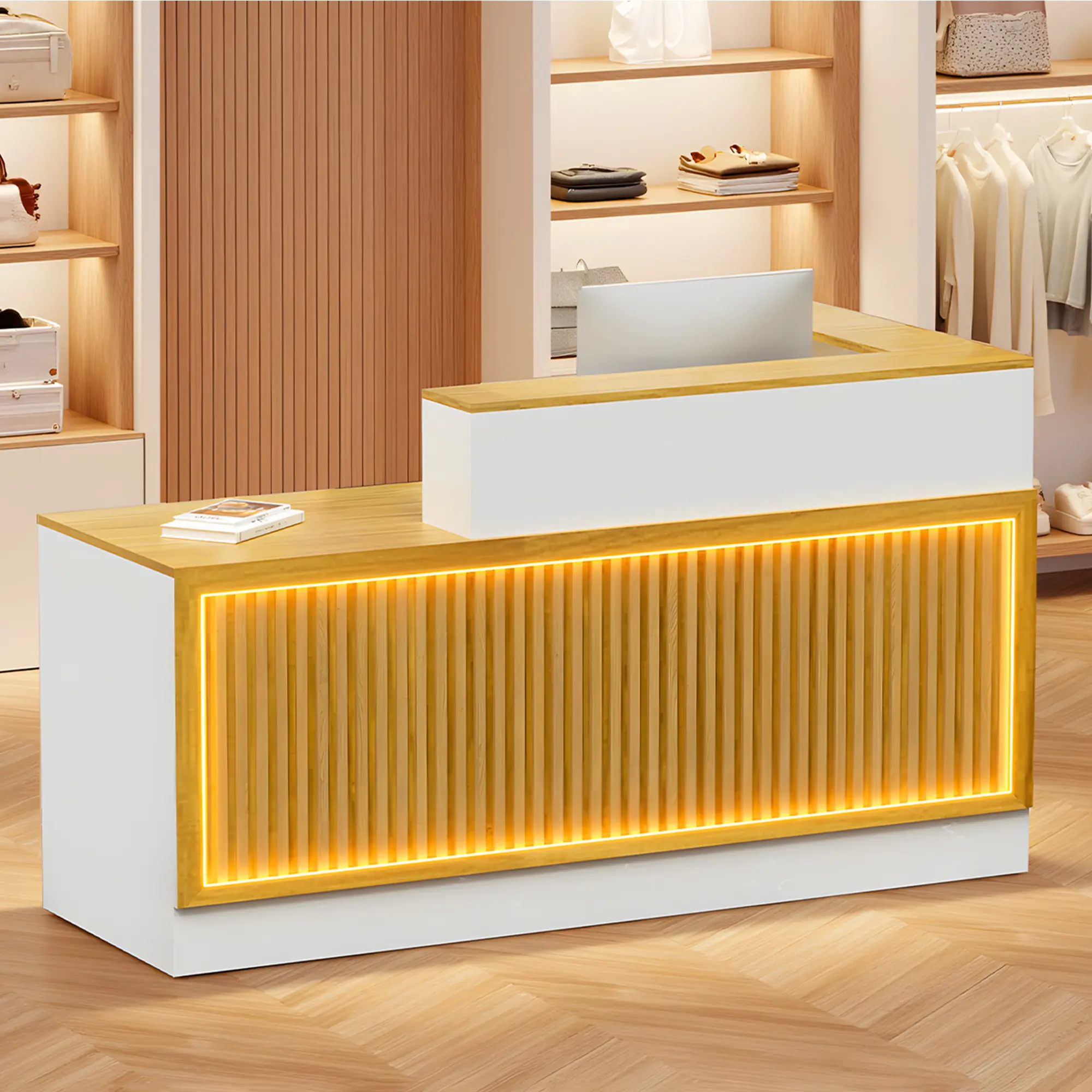 Commercial L - Shaped Reception Desk System | Solid Wood Multi - layer Board Base Material · High - Gloss Baked Enamel Finish · 160/180cm Dual Specifications · Left - Right Modular Layout · Including LED Lighting / Metal Desk Grommet / Safe Storage Unit